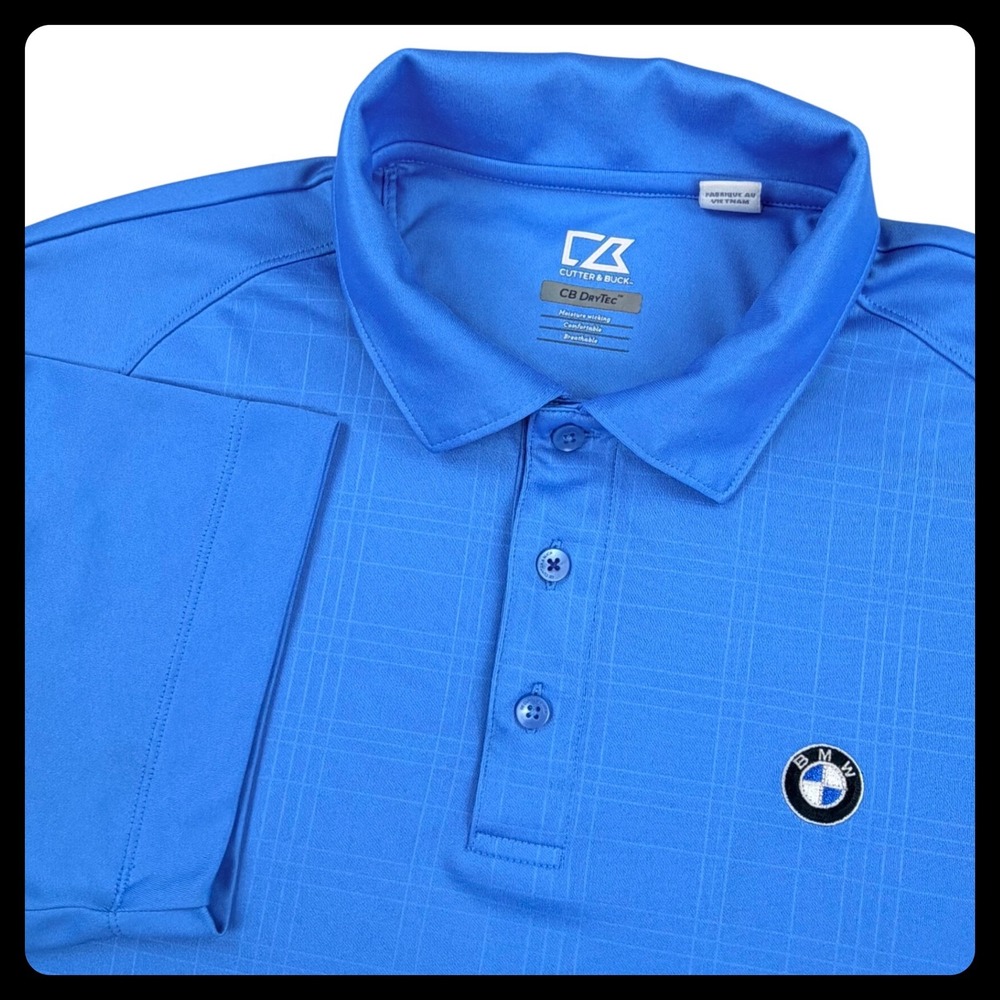 Cutter & Buck CB DryTec Polo Mens Large Blue Polyester BMW Logo Short Sleeve